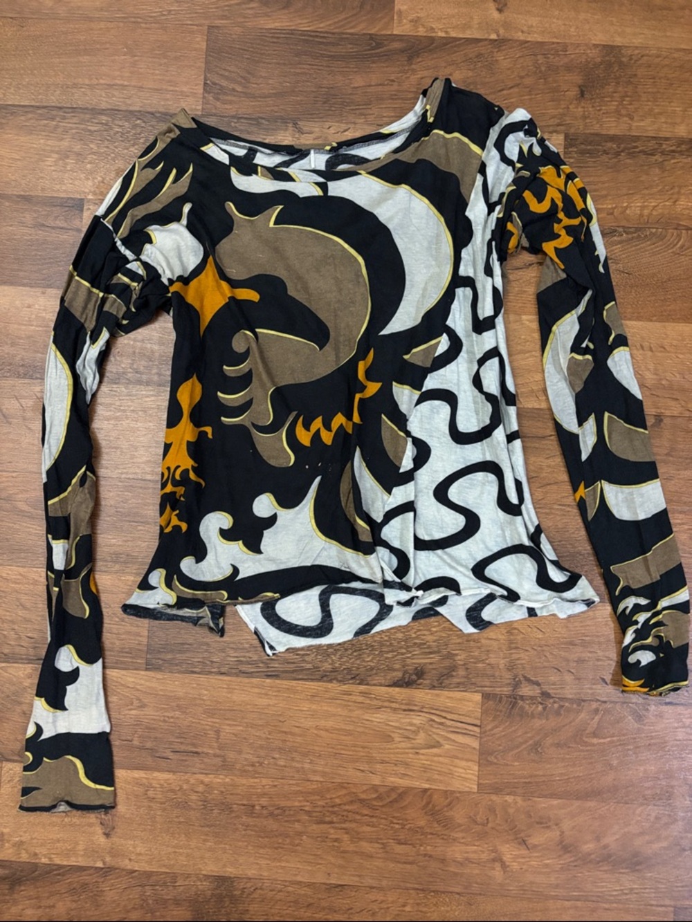 Emilio Pucci Abstract Print Long-Sleeve Scoop Neck Top in Black, White & Brown